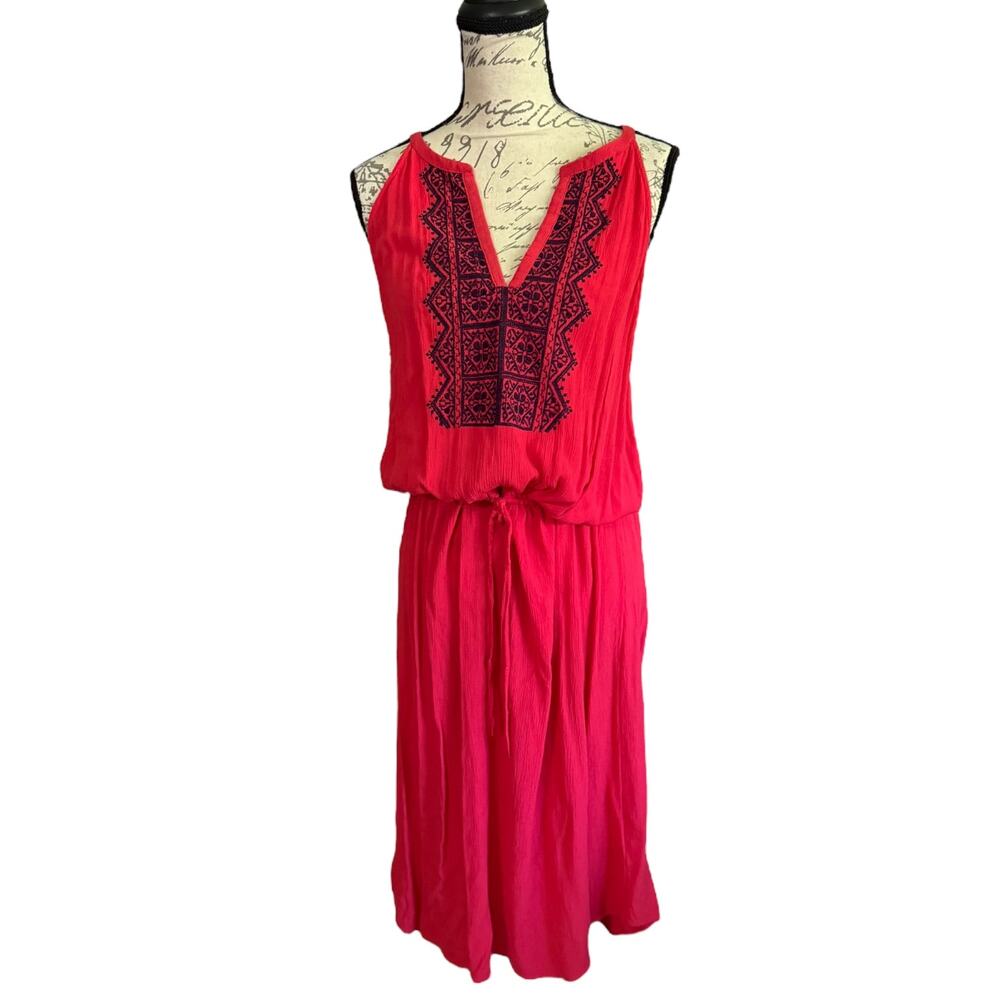 Gap Red V Neck Split Embroidered Red Blue Sundress Dress Size Large